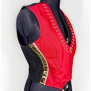 Vintage Valencia LG Vest Waistcoat Red Black Denim Gold Silver Stud Circus Rock
